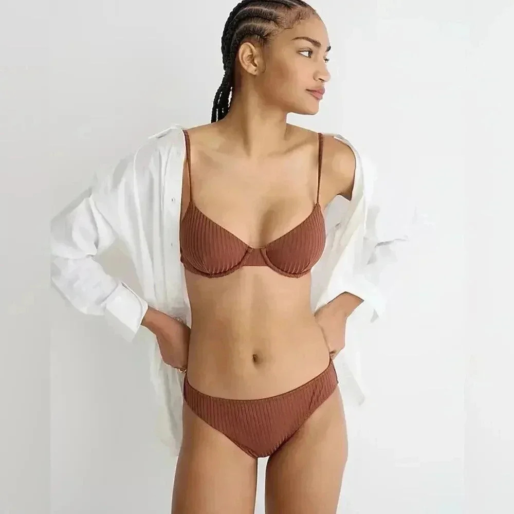 J.Crew Wide Rib hipster full coverage bikini bottom Appalachian Brown Small NWT